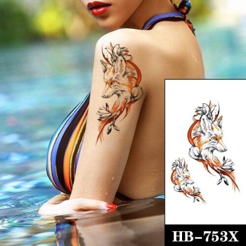 Temporary Tattoo Sticker Watercolor Wolf Fox White Flower Sexy Chest Back Fake Tatoo Waterproof Flash Tatto Art for Woman Men