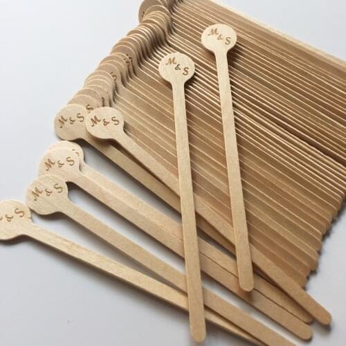 Initials Diagonally Engraved Wooden Coffee Sticks Personalized Text Font Wedding Table Decoration Cafe Bar x 100 counts Birch