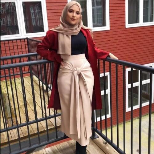 4 Colors female Elegant Modest Muslim Islamic skirt with belt New Bandage Skirt Women Ankle-Length Long Skirts Wq832 dropship