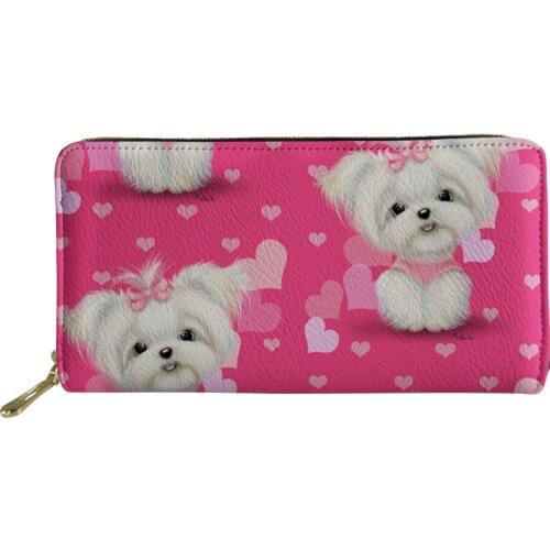 PU Leather Women Wallets Pink Ladies Card Holder Long Wallets Dog Print Fashion Zip Around Purses Female Travel Cute Money Bag