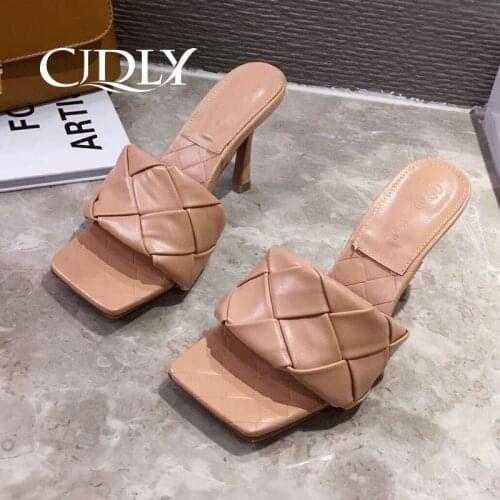 CJDLY Women Summer Sandals 2020High Heel Sandals Slippers Slip On Open Toe Sandals PU leather braided Casual Outdoor Slides