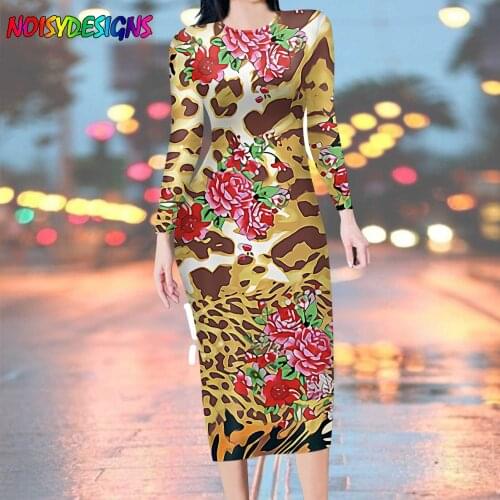 NOISYDESIGNS Maxi Dress Party Evening Long Dresses Long Sleeve Slim Robe Spring Autumn Leopard Flower Pattern Vestido De Mujer