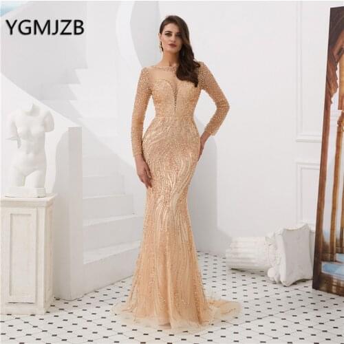 Luxury Sparkly Evening Dress 2019 Long Sleeves Crystal Beading Elegant Mermaid Prom Dress Formal Party Gown Robe De Soiree
