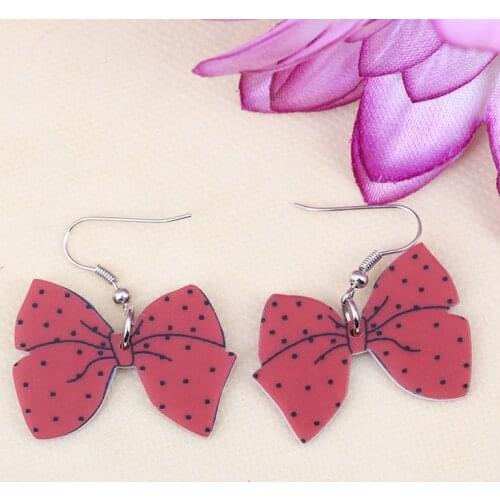 1 pair red bowknot lovely cute printing drop earrings acrylic new 2014 design spring/summer style girls woman jewelry fashion