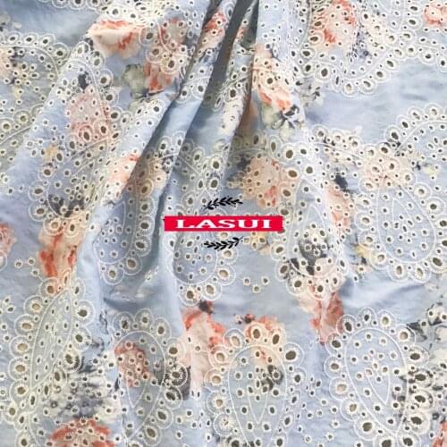 LASUI 1 yard DIY fabric skirt clothing Multicolor pink blue cotton printed hollow heart pattern embroidered lace fabric M0057