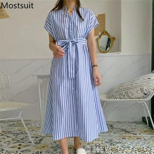 2021 Summer Sleeveless Striped Shirt Dress Women Single Breasted Turn-down Collar Midi Dresses Casual Korean Loose Vestidos