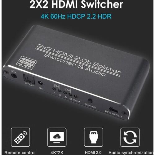 4K HDMI 2.0 2x2 HDMI Matrix 4k 60Hz 3D HDCP 2.2 HDR HDMI Switch Switcher with 3.5mm Headphone Audio Output