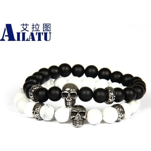 Ailatu Jewelry Wholesale 10pcs/lot 8mm Natural Matte Onyx and Howlite Stone with Stainless steel Skull Beaded Bracelet Not Fade