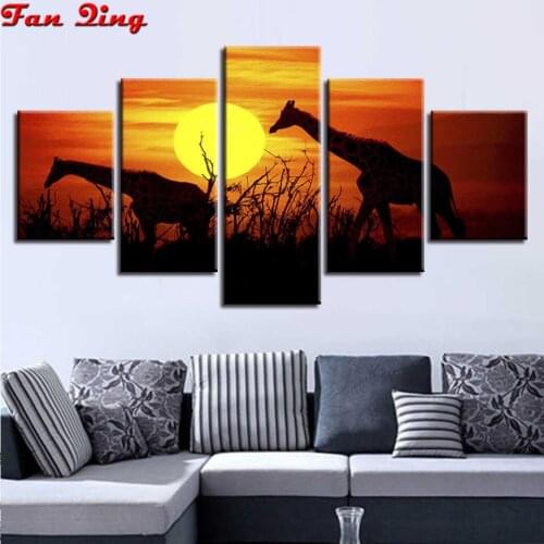 5D Diy Diamond Painting Sunset giraffe 5pcs Cross Stitch Square round Rhinestone Mosaic Diamond Embroidery home decor