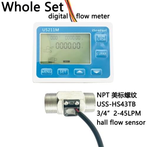 US211M Digital Flowmeter with NPT Thread Flow Sensor USS-HS43TB NPT3/4" DN20 2-45LPM Show Total Current and Total Flow iSentrol