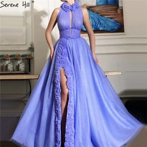 Purple High Collar Simple A-Line Prom Dresses 2020 Sleeveless Sexy Tulle Formal Gowns Long Serene Hill BLA70131