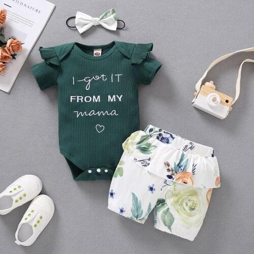 3Pcs Baby Girl Clothes Set Summer Short Sleeve Newborn Outfit Green Red Purple Romper + Floral Print Shorts Toddler Clothing