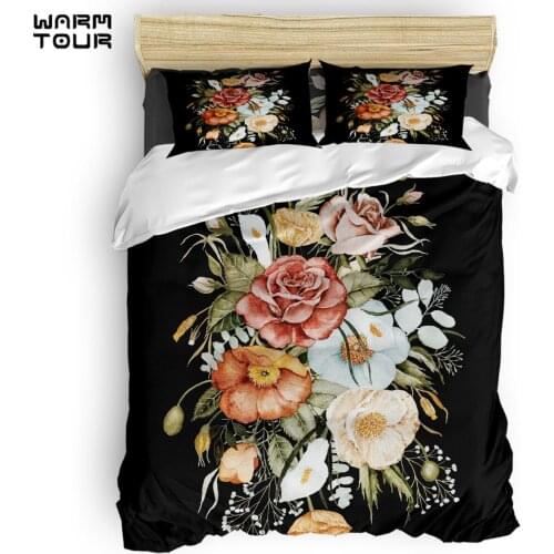 WARMTOUR Duvet Cover Roses and Poppies Bouquet on Charcoal Black Duvet Cover Set 4 Piece Bedding Set For Beds