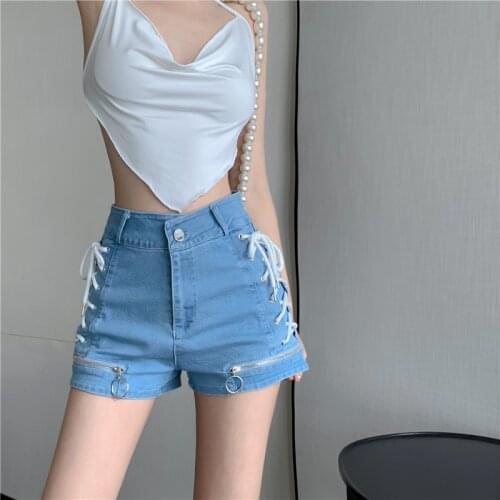 Summer fashion side strap zipper high waist design denim shorts female