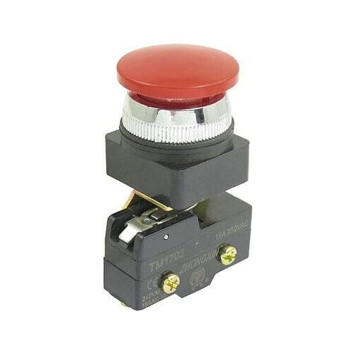 250VAC 15A SPST 1NO 1NC 30mm Thread Momentary Red Mushroom Head Micro Switch