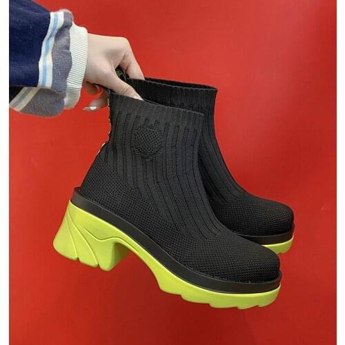 Fashion Socks Boots Women Shoes 2021 Autumn Winter New Net Red Knitted Stretch Boots Women Chunky High Heels Ankle Short Booties