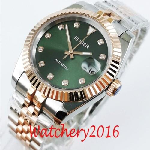 BLIGER Round Stainless Steel Mens Watch Self Winding MIYOTA Movement Mental Strap Luminous Hand