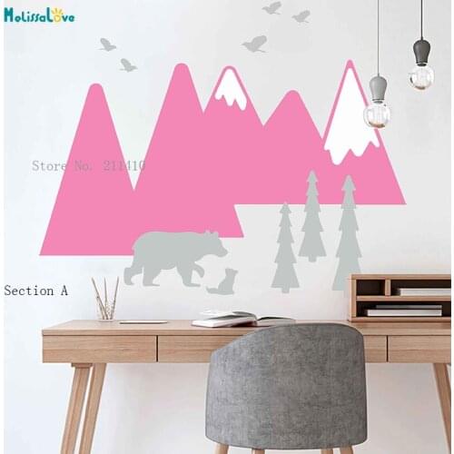 Mountains Wall Decal Nursery Wall Art Crib Headboard For Kids Baby Room Removable Bear Pine Tree Unique Gift YT2462
