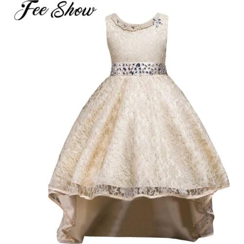 Girl Party Dresses Kids Overlay Lace Beaded Rhinestone Eucharist Princess Dress High Low Evening Gown Bridesmaid Dress Wedding