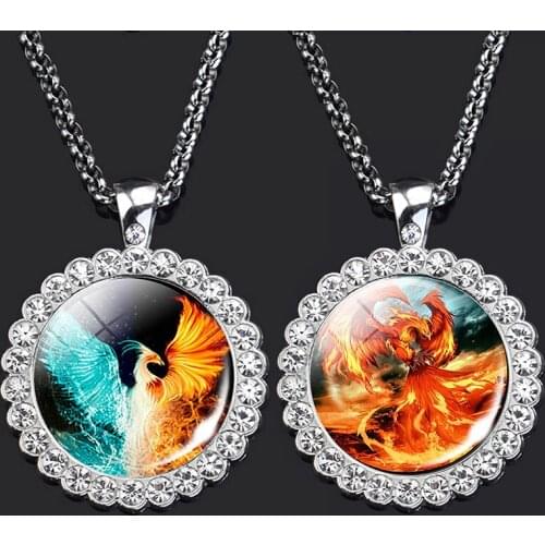 Fire Phoenix Necklace Dragon Phoenix Glass Cabochon Rhinestone Pendant Fashion Phoenix Jewelry Unisex Gift