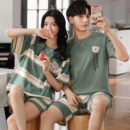 100% Cotton Couple Pajamas Set Cute Cartoon Female Short Sleeve Homewear Fashion Green Stripe Summer Sleepwear For Women and Men