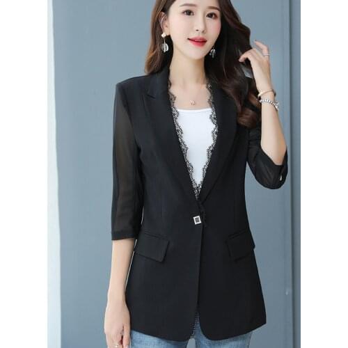 Womens jacket with buttons black blazer Spring summer seven-point sleeves thin jacket for women lace one button suit
