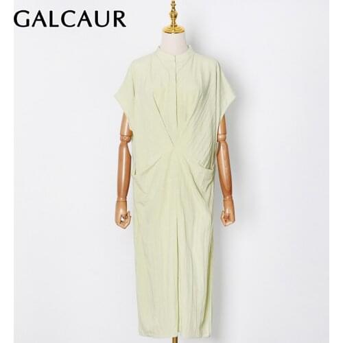 GALCAUR Casual Dresses For Female V Neck Short Sleeve Oversized Ruched Pure Color Womens Dress Fashion Streetwear Tide New