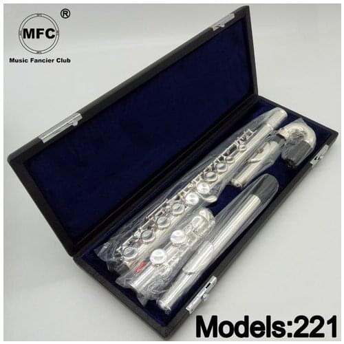 Professional Flute 221 Silver Plated Flute Instrument Intermediate Student Curved Headjoint Flutes C Leg 16 Holes Closed E Key