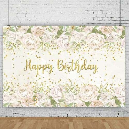 Blush Pink Flowers Golden Happy Birthday Backdrop Holiday Party Room Decor Photo Booth Studio Prop