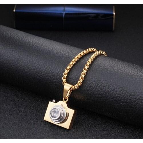 Unique 316L Stainless Steel Camera Style Pendants Men Boys Sporty Necklaces Charm Long Chain Link Necklaces