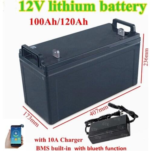 Waterproof 12V 100AH 120Ah lithium ion battery 12V BMS with bluetooth for solar system electric boat RV solar panel+10A Charger
