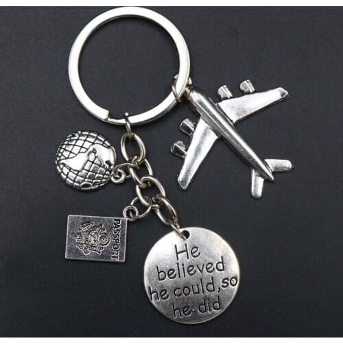 WKOUD 1pc Silver Plated He Believe He Could So he Did Charm Airplane & Passport & Map Keychain DIY Creative Couple Key Chain