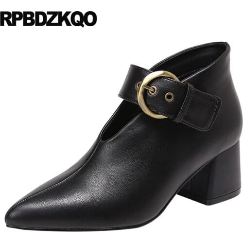 Pointed Toe Black Size 4 34 Medium Heels Block Belts Ankle Boots Wine Red High Mary Jane Pumps Fashion Brand Women Shoes 2019