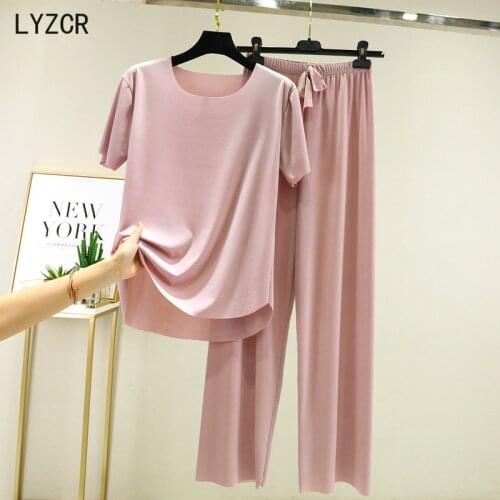 Summer Ice Silk Pants Suits Loose Two Piece Set Women Wide Leg Pants and O Neck T Shirts Womens High Waist Pants 2 Piece Sets