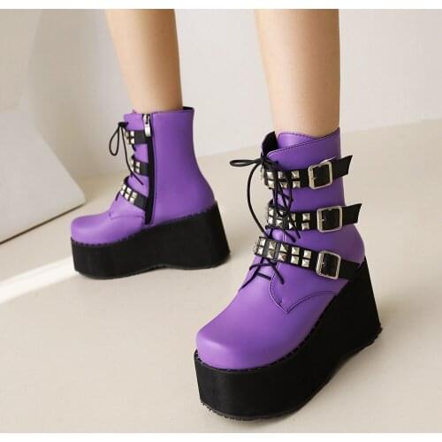 Cross Strap Metal Rivet Super Thick Retro Platform Boots Square Toe High Waterproof Platform High Heel Womens Mid-Calf Boots