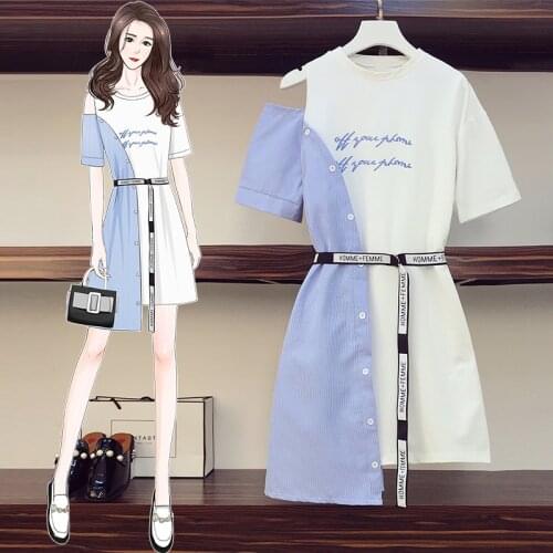 2020 Summer Women Dress Ruffles Cold Shoulder Letter Print Irregular Dress Streetwear Casual Striped Patchwork Mid Shirt Dress