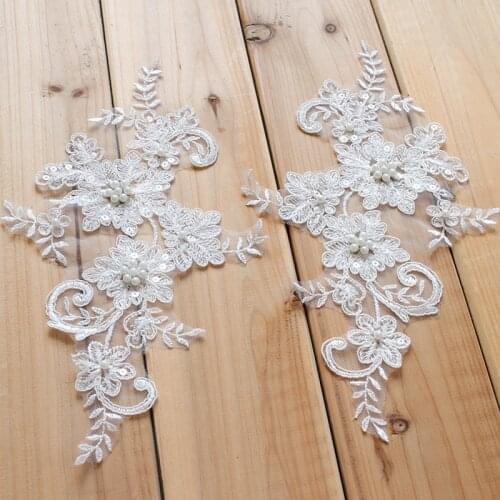 10Pieces Handmade Sew on Lace Trim Patches Off White Lace Applique With Bead For Top Dress Skirt 27X15cm