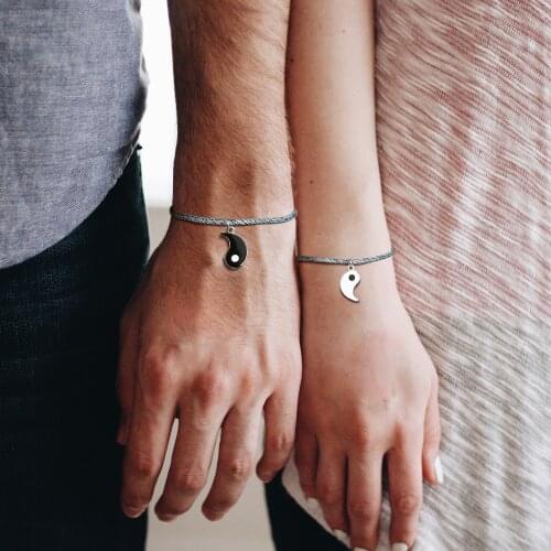 2 Pcs Yin Yang Taichi Stainless Steel Gossip Bracelet, Women Men Couples Best Friends Rope Wristbands