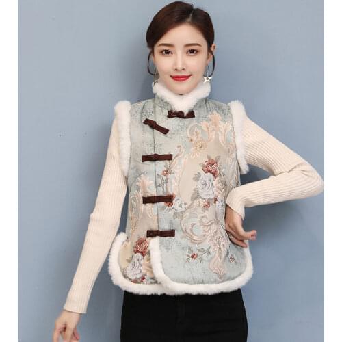 2020 Winter Chinese Clothes New Quilted Vest Retro Jacquard Sleeveless Short Rabbit Fur Spliced Cotton Coat Qipao Waistcoat y659