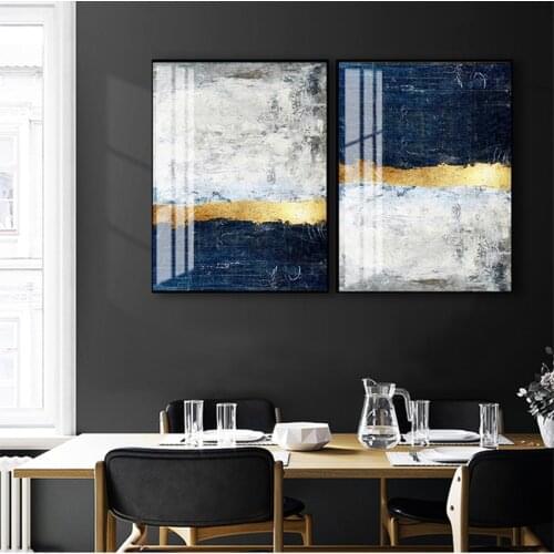 For Living Room Navy Decor Big Size Tableaux Abstract Gold Foil Block Painting Blue Print Modern Golden Wall Art Picture