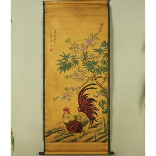 Antique painting traditional Chinese Big cock under the tree painting scroll painting,old paper painting
