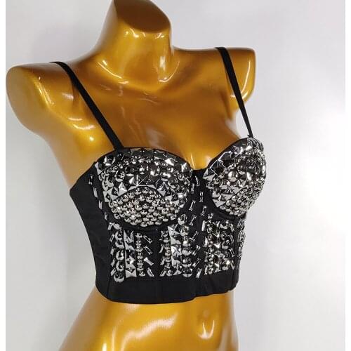 Cupnaya Punk Rivets Women Removable Spaghatti Strap Crop Top Sexy Clubwear Bustier Tube Vest Camisole Stretch Corset Tanks