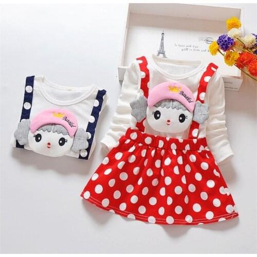 Spring Autumn and Winter Pure Cotton Childrens Clothing Girls Long Sleeved Suspender Dress Cute Polka dot Baby Dress Dress