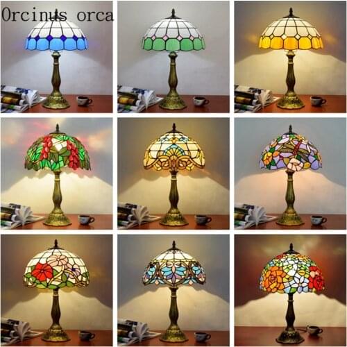 European retro colored glass table lamp bar bedroom bedside lamp Mediterranean pastoral color carving decorative table lamp