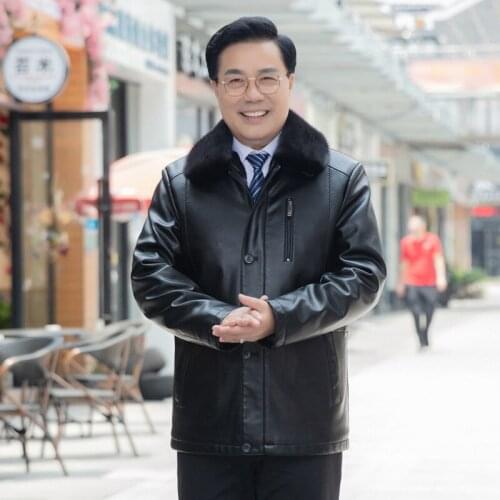 Middle aged and old mens Plush fathers Fox Fur Collar leather jacket integrated fur coat man