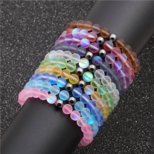 Round Mystic Rainbow Glass Beaded Stretch Bracelet 8mm Matte Moonstone Beads Elastic Bracelet Wristband Women Jewelry