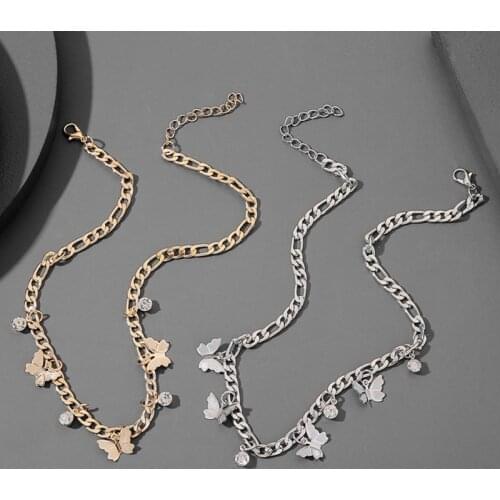 Cuban Chain Necklace Butterfly Choker Rhinestone Stainless Steel European and American Personality Butterfly Metal Women Party