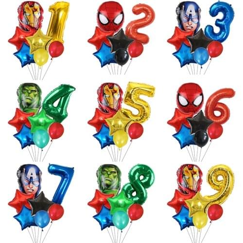 7pcs Avenger Spider Iron Captain America Hulk Superhero Balloons Set 32inch Number Globos Birthday Party Decorations Kids Toys