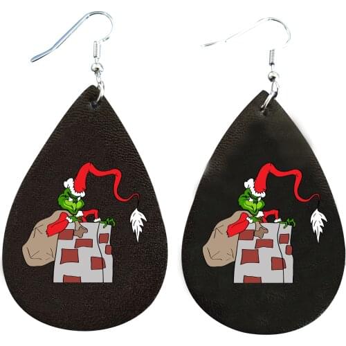 2020 New Glitter Christmas Grinch Earrings Color Faux Leather Two Layers Thanks Giving Gift Double Print Bulk Order