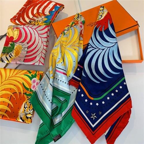 New 2021 90cm Brand Carriage Square Scarf Women Twill Silk Shawl Brand Hijab Scarf Foulard Bandana Handmade Curled Design Head